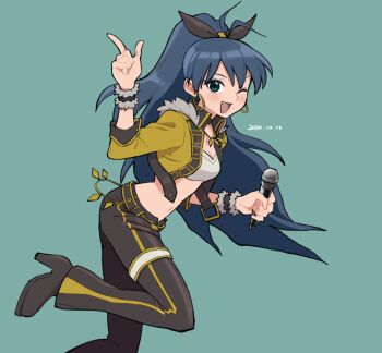 1girl :d ;d absurdres aqua_eyes arm_up bandeau black_hair black_pants black_shoes breasts collared_jacket commentary_request cropped_jacket earrings fang foot_out_of_frame from_side ganaha_hibiki ganaha_hibiki_(light_of_vibes) green_background high_heels high_ponytail highres holding holding_microphone hoop_earrings idolmaster idolmaster_(classic) idolmaster_million_live! idolmaster_million_live!_theater_days index_finger_raised jacket jewelry leg_up long_hair looking_at_viewer looking_to_the_side microphone navel official_alternate_costume one_eye_closed open_mouth pants ponytail shoes simple_background smile solo standing standing_on_one_leg tarako_oniyon turning_head very_long_hair white_bandeau yellow_jacket