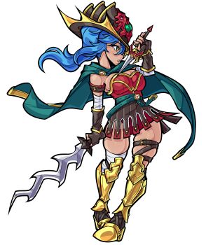 Rule 34 | 1girl, absurdres, armor, armored boots, asymmetrical dual wielding, bandaged arm, bandaged leg, bandages, belt, belt buckle, blue hair, boots, breasts, brown skirt, buckle, cape, commentary, commission, dagger, dang (runescape), dual wielding, duellist's cap (tier 6), english commentary, fingerless gloves, full body, gladiator, gloves, gold trim, greaves, green belt, green cape, hat, highres, hoezayburger, holding, holding dagger, holding knife, holding sword, holding weapon, knife, leotard, long hair, medium breasts, old school runescape, original, poleyn, red leotard, runescape, second-party source, skirt, solo, standing, sun symbol, sword, transparent background, weapon, yellow eyes