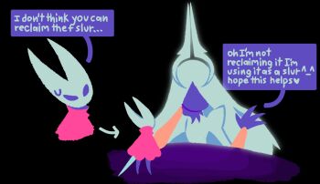 Rule 34 | 0cyberspace0, 2girls, arthropod girl, black eyes, black skin, cloak, colored skin, english text, faceless, giant, giantess, grand mother silk (hollow knight), highres, hollow eyes, hollow knight, hollow knight: silksong, horned mask, hornet (hollow knight), horns, long hair, looking at another, mask, multiple girls, needle (hollow knight), no mouth, red cloak, standing, sweatdrop, weapon, white hair, white mask