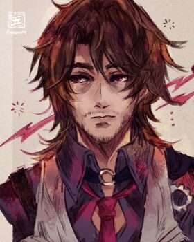 Rule 34 | 1boy, artist name, beard stubble, brown hair, closed mouth, commentary, english commentary, facial hair, fiveonthe, gallagher (honkai: star rail), highres, honkai: star rail, honkai (series), looking to the side, male focus, portrait, red eyes, short hair, solo, straight-on, stubble