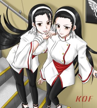 2girls black_hair breasts brown_eyes chizuru_kagura dress earrings gokigenyoucyan hairband jewelry kagura_chizuru kagura_maki kof ladder large_breasts long_hair long_sleeves looking_at_viewer maki maki_kagura multiple_girls pale_skin pants shoes smile smiley_face standing the_king_of_fighters thick_thighs thighs wide_hips
