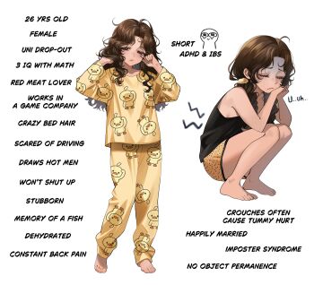 1girl absurdres artist_self-insert bare_shoulders black_shirt brown_eyes brown_hair commentary dark-skinned_female dark_skin english_commentary english_text full_body hair_ornament hair_scrunchie highres long_hair long_sleeves low_twintails meme merururuu original pajamas scrunchie shirt shorts sleeveless sleeveless_shirt twintails women_on_twitter_(meme) yellow_pajamas yellow_scrunchie yellow_shorts