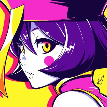 Rule 34 | 1girl, absurdres, blue hair, blue skin, breasts, chinese clothes, colored skin, darkstalkers, flipped hair, hat, highres, hsien-ko, jiangshi, looking at viewer, lughost, ofuda, qingdai guanmao, red eyes, short hair, simple background, solo, zombie