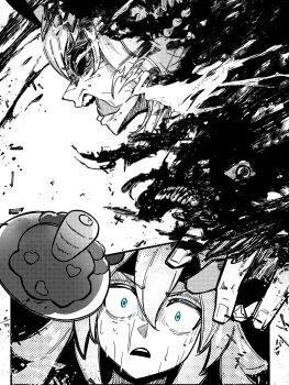 2girls aura blue_eyes blue_lock carrot carrot_hamburger_steak dark_aura eye_trail food greyscale hair_between_eyes hair_ornament hairband hamburger_steak headband highres horse_girl light_trail long_hair monochrome multiple_girls nervous_sweating oguri_cap_(umamusume) open_mouth sakanaflyer scene_reference spot_color sweat tamamo_cross_(umamusume) teeth textless_version tongue tongue_out umamusume umamusume:_cinderella_gray