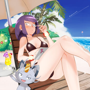 1girl absurdres alolan_form alolan_meowth beach beach_umbrella bikini blunt_bangs blush breasts brown_bikini bush chair closed_mouth cloud collarbone commentary_request day eyelashes flower gen_3_pokemon gen_7_pokemon glass glasses hand_up highres holding holding_tray knees leg_up liquid logo looking_at_viewer lounge_chair luvdisc lying matori_(pokemon) medium_breasts medium_hair nemimini nintendo on_back open_mouth outdoors pokemon pokemon_(anime) pokemon_(creature) pokemon_sm_(anime) purple_eyes purple_hair red_flower sand scrunchie shiny_skin shore sky swimsuit tablet_pc team_rocket tray tree twitter_username umbrella water wrist_scrunchie yellow_flower
