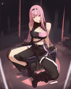 1girl alternate_costume arm_support bare_shoulders black_boots black_pants boots breasts cleavage_cutout clothing_cutout commentary english_commentary fingerless_gloves gloves highres hololive hololive_english large_breasts looking_at_viewer mori_calliope ninochuu pants pink_hair red_eyes sitting stereo two-tone_tank_top virtual_youtuber