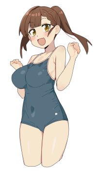 1girl :d asymmetrical_bangs bare_arms bare_legs bare_shoulders black_one-piece_swimsuit blunt_bangs blush braid braided_bangs breasts brown_hair commentary covered_navel cowboy_shot cropped_legs fang hands_up highres karubi_(karubi465558) kotobuki_hisako large_breasts looking_at_viewer new_school_swimsuit one-piece_swimsuit open_mouth ponytail school_swimsuit seitokai_ni_mo_ana_wa_aru! simple_background skin_fang smile solo swimsuit w_arms white_background yellow_eyes