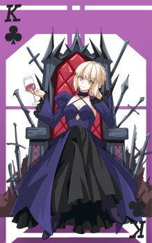 1girl andychen662000 artoria_pendragon_(fate) black_dress blonde_hair braid bun_with_braided_base card choker cup dress drinking_glass fate/stay_night fate_(series) hair_bun highres holding holding_cup playing_card purple_dress saber_alter sidelocks solo sword throne weapon wine_glass yellow_eyes