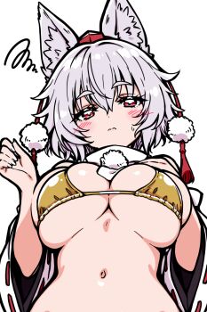 Rule 34 | 1girl, animal ears, bikini, blush, breasts, chirisazame1, closed mouth, commentary, detached sleeves, embarrassed, gold bikini, hand on own chest, hand up, hat, highres, inubashiri momiji, large breasts, looking at viewer, medium hair, midriff, navel, pom pom (clothes), red eyes, solo, sweatdrop, swimsuit, tokin hat, touhou, white background, white hair, wolf ears, wolf girl
