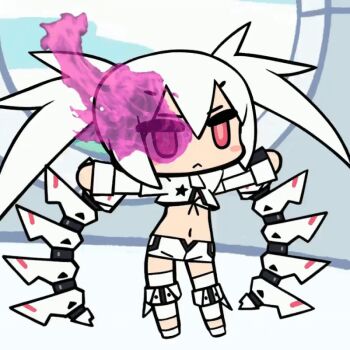 264lino1 animated animated_gif bikini bikini_top_only black_rock_shooter black_rock_shooter_(game) chibi cropped_jacket fire flaming_eye glowing glowing_eye jacket long_hair looping_animation pink_eyes pink_fire shorts swaying_hip swimsuit twintails uneven_twintails white_bikini white_hair white_jacket white_rock_shooter white_shorts
