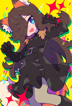 Rule 34 | 1girl, :d, animal ear fluff, animal ears, black boots, black dress, black gloves, blue eyes, blush, boots, brown hair, claw pose, commentary request, commission, dress, fangs, feet out of frame, gloves, grey pantyhose, hair over one eye, hands up, highres, honoca6190, long hair, long sleeves, looking at viewer, open mouth, original, pantyhose, skeb commission, smile, solo, sparkle, standing, tail, wolf ears, wolf girl, wolf tail, yellow background