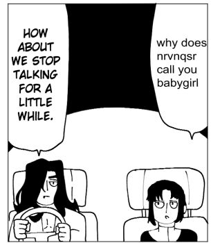 1boy 1girl avicebro black_hair car_seat ciel_(tsukihime) collared_shirt driving english_text hair_over_one_eye long_hair looking_at_another melty_blood meme michael_roa_valdamjong mob_psycho_100 monochrome nun one_(style) open_clothes open_shirt parody scene_reference shirt short_hair steering_wheel style_parody tsukihime why_does_x_call_you_babygirl?_(meme) wing_collar