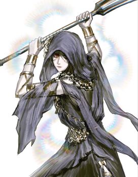 1girl armlet black_hair chain elden_ring elden_ring_nightreign from_behind gameplay_mechanics headdress highres holding holding_mace holding_weapon hood incoming_attack iridescent jewelry long_hair looking_back mace official_alternate_costume rashuu red_eyes see-through_clothes signature solo undertaker_(elden_ring) upper_body veil watermark weapon white_background