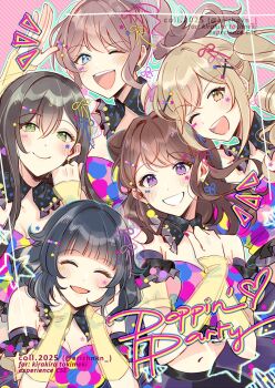 Rule 34 | 5girls, ;d, ^ ^, arm warmers, bang dream!, bang dream! girls band party!, black collar, black hair, blonde hair, blue eyes, blunt bangs, blush, brown eyes, brown hair, closed eyes, closed mouth, coll (erichankun), collar, cone hair bun, cropped shirt, detached collar, english text, facing viewer, frilled collar, frills, green eyes, grin, hair between eyes, hair bun, hair ornament, hanazono tae, hand on own chest, hands on own face, high ponytail, highres, ichigaya arisa, long hair, looking at viewer, mark under both eyes, medium hair, multicolored shirt, multiple girls, navel, notice lines, one eye closed, open mouth, pink nails, ponytail, poppin'party, purple eyes, ribbon, see-through arm warmers, sidelocks, smile, stomach, swept bangs, toyama kasumi, twintails, twitter username, ushigome rimi, x hair ornament, yamabuki saya, yellow arm warmers, yellow eyes