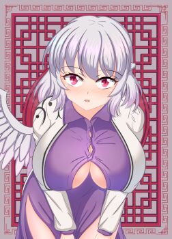 1girl absurdres architecture baketumuri blush braid breasts button_gap collared_shirt covered_erect_nipples east_asian_architecture feathered_wings french_braid highres jacket kishin_sagume large_breasts leaning_forward lips long_sleeves looking_at_viewer no_bra nose open_mouth parted_lips red_eyes shirt short_hair single_wing skirt solo standing thighs touhou upper_body white_hair white_wings wings