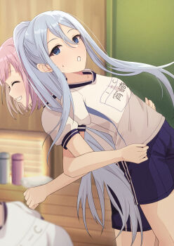 2girls assisted_stretching back-to-back blue_eyes blue_hair blue_shorts blush closed_eyes commentary_request cowboy_shot double-parted_bangs from_side gym_uniform hair_between_eyes highres indoors long_hair long_sidelocks looking_at_viewer medium_hair multiple_girls ootori_emu open_mouth pink_hair ponytail project_sekai shirt short_shorts shorts sidelocks sweatdrop very_long_hair white_shirt yoisaki_kanade yui081
