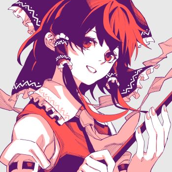 Rule 34 | 1girl, ascot, bare shoulders, black hair, bow, collared dress, commentary, detached sleeves, dress, fingernails, frills, gohei, grey background, hair between eyes, hair bow, hair ornament, hair tubes, hakurei reimu, highres, holding, holding gohei, kamabokopic, long fingernails, long sleeves, looking at viewer, nail polish, pink ascot, pink nails, red bow, red dress, red eyes, short hair, sidelocks, simple background, smile, solo, standing, teeth, touhou, untranslatable commentary, upper body, wide sleeves