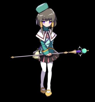 bell black_background black_skirt brown_hair cape closed_mouth detached_sleeves expressionless fiiria_(merc_storia) flat_chest full_body green_hat green_shirt hat holding holding_staff mary_janes merc_storia merc_storia_art_team miniskirt official_art pantyhose pleated_skirt purple_eyes shirt shoes simple_background skirt solo staff standing tachi-e turtleneck white_cape white_pantyhose yellow_shoes