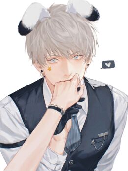 1boy 1girl animal_ears black_gloves black_necktie black_vest blue_eyes collared_shirt couple earrings gloves hand_grab heart hetero highres jewelry kiss kissing_hand looking_at_viewer love_and_deepspace male_focus necktie orihara0820 pov protagonist_(love_and_deepspace) rabbit_boy rabbit_ears shirt short_hair simple_background spoken_heart star_(symbol) star_sticker sticker sticker_on_face striped_necktie stud_earrings upper_body vest white_background white_hair white_shirt xavier_(love_and_deepspace)