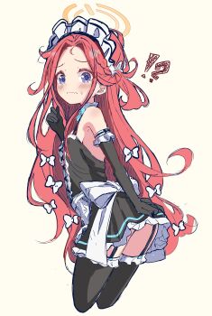 !? 1girl absurdres alternate_costume apron back_bow bare_shoulders black_dress black_gloves black_thighhighs blue_archive blue_eyes blush bow breasts closed_mouth commentary_request covering_ass covering_privates cowboy_shot cropped_legs crying crying_with_eyes_open dress elbow_gloves embarrassed enmaided forehead frilled_dress frilled_gloves frilled_thighhighs frills from_behind furrowed_brow garter_straps gloves hair_bow halo hand_up highres kanikama_acedia loli long_hair maid maid_headdress messy_hair one_side_up orange_halo parted_bangs red_hair short_dress simple_background sketch sleeveless sleeveless_dress small_breasts solo surprised sweatdrop tearing_up tears thighhighs thighs very_long_hair waist_apron wavy_mouth white_apron white_bow yellow_background yellow_halo yuzu_(blue_archive) zettai_ryouiki