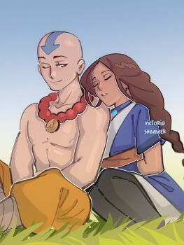 Rule 34 | 1boy, 1girl, aang, artist name, avatar: the last airbender, avatar legends, bald, black pants, blue dress, blue sky, brown hair, closed eyes, closed mouth, commentary, couple, dress, grass, head tattoo, hetero, highres, jewelry, katara, leaning on person, long hair, looking at another, necklace, one eye closed, pants, parted lips, sky, smile, tan, topless male, vick-shimmer, yellow pants