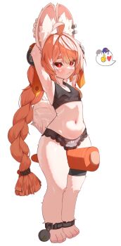 absurdres ahoge animal_ear_fluff animal_ears ankle_cuffs arms_behind_head arms_up between_thighs black_panties blush braid breasts bright_pupils carrot ear_piercing full_body furry furry_female hair_ornament highres kyaong long_hair navel panties piercing pink_fur pink_hair rabbit_ears rabbit_girl red_eyes small_breasts thick_eyebrows thick_thighs thigh_strap thighs twin_braids underwear very_long_hair white_background zenless_zone_zero zhao_(zenless_zone_zero)