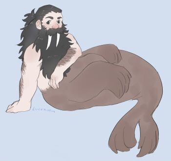 1boy bara beard beard_over_mouth dungeon_meshi dwarf facial_hair fat fat_man full_body highres long_beard long_tusks looking_at_viewer lucraven male_focus merman mermay_2024 monster_boy monsterification mustache nude senshi_(dungeon_meshi) solo thick_arm_hair thick_mustache very_long_beard walrus_boy