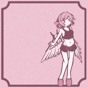 1girl alternate_costume animal_ears bird_ears bird_girl bird_wings border breasts brown_border brown_eyes brown_shorts brown_slippers brown_tank_top closed_mouth collarbone commentary_request crop_top kujiraya loungewear medium_breasts midriff mystia_lorelei navel partial_commentary pink_hair short_hair short_shorts shorts slippers smile solo swept_bangs tank_top touhou wings