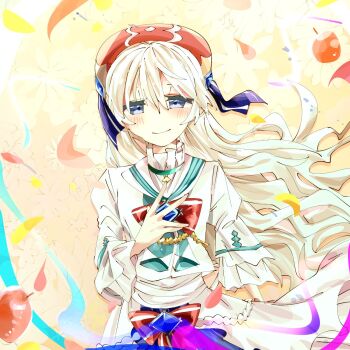 1girl arcaea beret blue_eyes bow collar commentary_request dress frilled_collar frills gem_hat_ornament hat hat_ribbon highres hikari_(arcaea) kagirare_e layered_dress long_hair long_sleeves looking_at_viewer red_bow red_hat ribbon sailor_collar smile solo white_dress white_hair white_sailor_collar wide_sleeves