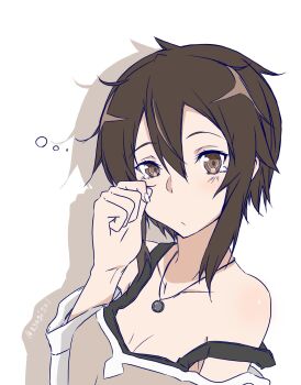 1girl artist_name asada_shino asagi501 bare_shoulders black_bra bra breasts brown_eyes brown_hair brown_shirt cleavage closed_mouth collarbone double-parted_bangs drop_shadow frown hair_between_eyes hand_up highres long_sleeves looking_at_viewer medium_breasts medium_hair messy_hair shirt sidelocks simple_background sleepy solo split_mouth strap_slip sword_art_online tearing_up twitter_username two-tone_shirt underwear upper_body variant_set white_background white_shirt
