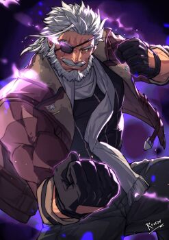 Rule 34 | 1boy, aura, bara, beard, bergard zeman, black gloves, black pants, clenched hand, coat, commentary, eiyuu densetsu, english commentary, eyepatch, facial hair, gloves, grey scarf, highres, kai no kiseki, kuro no kiseki (series), male focus, mature male, open clothes, open coat, pants, purple background, red coat, rovrov, scarf, smile, solo, yellow eyes