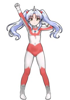 breasts gloves highres hoshino_ruri kaette_kita_ultraman kidou_senkan_nadesico loli looking_at_viewer shoes small_breasts solo standing ultra_series ultraman ultraman_jack white_gloves white_hair white_shoes yellow_eyes