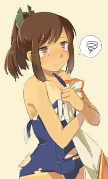 1girl absurdres blue_one-piece_swimsuit blush breasts brown_eyes brown_hair cleavage closed_mouth collarbone commentary_request from_side highres holding holding_unworn_clothes i-401_(kancolle) kantai_collection medium_breasts motohara_moka name_tag old_school_swimsuit one-piece_swimsuit ponytail school_swimsuit shirt sidelocks simple_background small_breasts solo speech_bubble spoken_squiggle squiggle swimsuit tan tanline tearing_up torn_clothes twitter_username unworn_shirt yellow_background