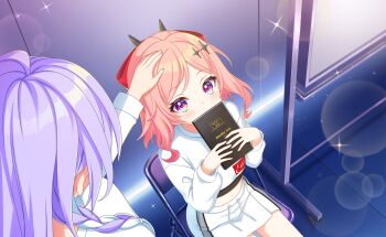 Rule 34 | 2girls, ahoge, blush, book, braid, commentary request, covered mouth, fudeshima shigure, game cg, hair ornament, highres, holding, holding book, indoors, long hair, long sleeves, midriff, miniskirt, multiple girls, navel, official art, pink hair, pleated skirt, purple eyes, renjakuno hatsumi, school uniform, serafuku, shirt, skirt, sparkle, third-party source, white shirt, white skirt, world dai star, x hair ornament