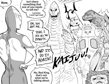 absurdres alien baltan_seijin bb_(baalbuddy) claws crossover eleking emphasis_lines godzilla godzilla_(series) greyscale hands_on_own_hips highres horns kaiju king_joe monochrome monster open_mouth pigmon pincers red_king_(ultra_series) robot sharp_teeth speech_bubble spines teeth ultra_series ultraman ultraman_(1st_series) ultraseven_(series)