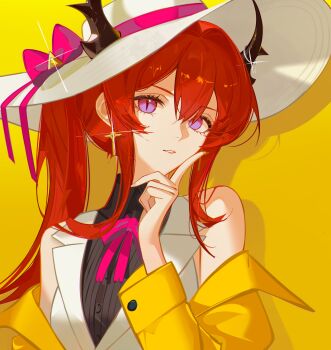Rule 34 | 1girl, absurdres, arknights, bare shoulders, black shirt, bow, commentary, demon girl, demon horns, dzyyeee, earrings, hat, hat bow, highres, horns, horns through headwear, jacket, jacket partially removed, jewelry, long hair, looking at viewer, parted lips, picture hat, purple eyes, red hair, shirt, sleeveless, sleeveless shirt, solo, surtr (arknights), upper body, vest, waistcoat, white hat, white vest, yellow jacket
