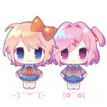 Rule 34 | 2girls, :<, arms at sides, blue eyes, blue skirt, blush, bow, breasts, brown sweater, chinese commentary, closed mouth, collared shirt, commentary request, cowlick, doki doki literature club, doki doki literature club school uniform, frown, full body, grey jacket, hair between eyes, hair bow, hair intakes, hair ribbon, hatching (texture), jacket, legs together, long sleeves, looking at viewer, miniskirt, multiple girls, natsuki (doki doki literature club), neck ribbon, open clothes, open jacket, orange bow, orange hair, orange outline, outline, pink eyes, pink hair, pink outline, pleated skirt, raised eyebrows, red ribbon, ribbon, sayori (doki doki literature club), school uniform, shirt, shoes, short hair, side-by-side, sidelocks, simple background, skirt, small breasts, smile, standing, straight-on, sweater, swept bangs, tareme, thighhighs, tuteo, two side up, v-shaped eyebrows, white background, white shirt, white shoes, white thighhighs, zettai ryouiki