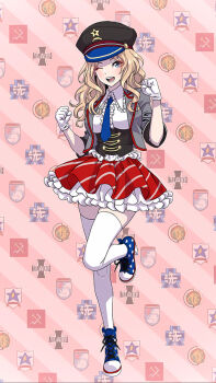 Rule 34 | 1girl, alternate costume, anzio (emblem), blonde hair, blue necktie, blush, breasts, commentary request, corset, diagonal stripes, emblem, frilled skirt, frills, girls und panzer, girls und panzer senshadou daisakusen!, gloves, grey jacket, haiiro purin, hat, high heels, highres, jacket, kay (girls und panzer), kuromorimine (emblem), large breasts, looking at viewer, military hat, necktie, one eye closed, ooarai (emblem), pravda (emblem), red skirt, saunders (emblem), skindentation, skirt, smile, solo, st. gloriana's (emblem), standing, standing on one leg, star (symbol), striped, thighhighs, thighs, wavy hair, white gloves, white thighhighs, zettai ryouiki