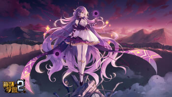 1girl bare_shoulders benghuai_xueyuan breasts clean cloud copyright_name dress elbow_gloves flower full_body gloves highres honkai_(series) logo long_hair mountain official_art outdoors parted_lips purple_dress purple_flower purple_gloves purple_hair scenery second-party_source shoes sirin socks solo sunset very_long_hair white_socks yellow_eyes
