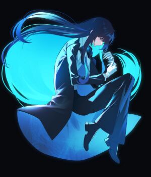 Rule 34 | 1girl, absurdres, ado (utaite), artist collaboration, black background, black coat, black pants, black shoes, blue eyes, blue hair, chando (ado), coat, colored inner hair, commentary request, gloves, highres, long hair, long sleeves, mole, mole under eye, multicolored hair, official art, orihara (ewkkyorhr), pants, sayu (snowman and mayu), shoes, simple background, solo, utaite, white gloves