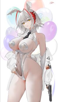 1girl animal_ears antenna_hair arknights armpit_crease artist_name balloon bare_shoulders between_breasts black_necktie breasts character_name cleavage clothing_cutout collared_leotard commentary covered_navel fake_animal_ears fake_tail finger_on_trigger groin gun hand_on_own_stomach handgun head_tilt highleg highleg_leotard highres holding holding_gun holding_weapon horns id_card jacket large_breasts leotard long_sleeves looking_at_viewer medium_hair multicolored_hair nail_polish necktie necktie_between_breasts o-ring off_shoulder parted_lips playboy_bunny rabbit_ears rabbit_tail red_horns red_nails red_streaks rhodes_island_logo_(arknights) sabou_san-shitsu_kokoro see-through_clothes sidelocks simple_background solo standing strap streaked_hair super_highleg tail thighs v-shaped_eyebrows w_(arknights) weapon white_background white_hair white_jacket white_leotard wis'adel_(arknights) yellow_eyes