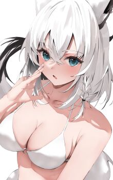 1girl absurdres animal_ear_piercing animal_ears aqua_eyes bikini breasts cleavage commentary_request fox_ears fox_girl fox_tail highres hololive large_breasts long_hair looking_at_viewer nekoshima_kaede o-ring o-ring_top open_mouth shirakami_fubuki solo swimsuit tail virtual_youtuber white_background white_bikini white_hair