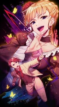 1boy 1girl beatrice_(umineko) belt black_background black_dress black_necktie blonde_hair blue_eyes bug butterfly commentary_request dress eyelashes formal_clothes highres insect looking_at_viewer marutenmaruten necktie open_mouth pointing red_hair smile suit umineko_no_naku_koro_ni ushiromiya_battler v-shaped_eyebrows white_suit yellow_butterfly