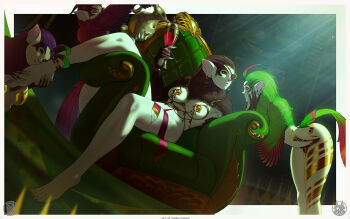 4girls artist_logo artist_name bird_girl brown_feathers bulge commentary dated earrings english_commentary feathers fingernails flower_eyepatch harpy highres jewelry logo monster_girl multiple_girls original sharp_fingernails sharp_toenails themaestronoob toenails winged_arms wings