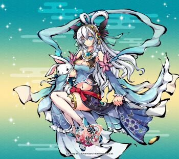 Rule 34 | 1girl, belt, blue eyes, blue shoes, boots, breasts, byakujouga (himegami kagura), cleavage, clothing cutout, commentary request, company name, copyright logo, copyright name, copyright notice, detached sleeves, dress, full body, hagoromo, hair between eyes, hair ornament, hair rings, hairband, highres, himegami kagura, holding, holding stuffed toy, large breasts, logo, long hair, looking at viewer, motion lines, ms06s, navel, navel cutout, official art, parted lips, red belt, shawl, shoes, sidelocks, smile, solo, strapless, strapless dress, stuffed animal, stuffed rabbit, stuffed toy, thighhighs, third-party source, white hair, white thighhighs, wide sleeves