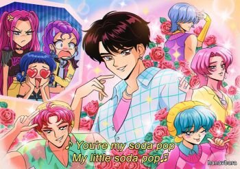 1990s_(style) 3girls 5boys ;p \m/ abby_(kpop_demon_hunters) anger_vein artist_name baby_(kpop_demon_hunters) black_hair blue_hair brown_eyes collared_shirt commentary double_bun earrings english_commentary faux_retro_artstyle finger_heart flower hair_bun hair_over_eyes hanavbara hands_on_own_cheeks hands_on_own_face hat heart heart-shaped_eyes jacket jewelry jinu_(kpop_demon_hunters) kpop_demon_hunters long_hair mira_(kpop_demon_hunters) multiple_boys multiple_girls mystery_(kpop_demon_hunters) one_eye_closed open_mouth pink_hair purple_hair red_flower red_rose retro_artstyle romance_(kpop_demon_hunters) rose rumi_(kpop_demon_hunters) shirt short_hair smile sparkle subtitled sweatdrop sweater tongue tongue_out twintails two_side_up white_hair zoey_(kpop_demon_hunters)
