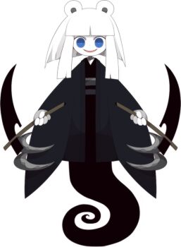 @_@ animal_ears bear_ears blue_eyes dual_wielding funamusea funamusea_(artist) ghost hakama holding holding_weapon japanese_clothes kimono looking_at_viewer official_art parted_bangs short_hair sidelocks skirt sogikaze_(funamusea) weapon white_background white_hair white_skirt