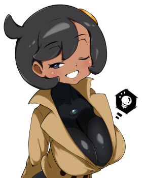 Rule 34 | 1girl, absurdres, aged up, arms behind back, black bodysuit, black hair, blue eyes, blush, bodysuit, bodysuit under clothes, breasts, brown jacket, commentary, cowboy shot, cowlick, dark-skinned female, dark skin, emma (pokemon), grin, hair between eyes, hair ornament, half-closed eye, highres, hsiungmao, jacket, large breasts, latex, latex bodysuit, light bulb, long sleeves, looking at viewer, mega stone, naughty face, nintendo, one eye closed, pokemon, pokemon legends: z-a, seductive gaze, seductive smile, see-through cleavage, see-through clothes, short hair, sidelocks, simple background, smile, solo, spoken light bulb, standing, swept bangs, white background