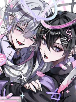 2boys :d black_hair black_necktie black_shirt blue_eyes collared_shirt commentary double-parted_bangs ear_piercing hair_between_eyes hair_ornament halo highres kaminoq knife long_sleeves looking_at_viewer male_focus melting_halo multiple_boys musical_note necktie open_mouth original piercing purple_eyes purple_halo red_halo shirt short_hair slit_pupils smile symbol-only_commentary tongue_piercing upper_body watermark white_hair white_shirt x_hair_ornament