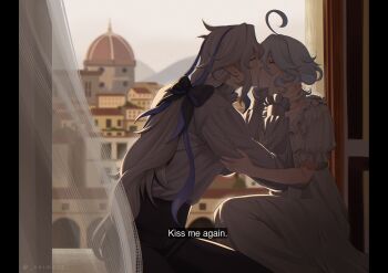 1boy 1girl ahoge alternate_costume black_pantyhose blue_hair cityscape closed_eyes couple dress frills furina_(genshin_impact) genshin_impact hair_ribbon hands_on_another&#039;s_face hetero highres kiss long_hair multicolored_hair neimana neuvillette_(genshin_impact) pantyhose pointy_ears ponytail ribbon shirt streaked_hair subtitled white_dress white_shirt window